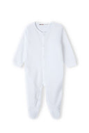 Babies sleepsuit 3 pack long sleeve white 0-18m with stretchy cuffs and popper fastenings for easy dressing.