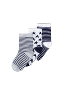 Boys socks 3 pack star pattern blue 0-3y featuring knitted designs with star patterns and stripes in light grey and navy. Soft materials.