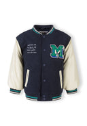 Boys baseball jacket in navy blue and cream with green M embroidery
