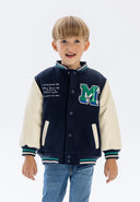 Boys baseball jacket in navy blue and cream with green embroidery