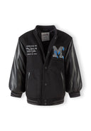 Boys black baseball jacket with faux leather sleeves and embroidered M patch