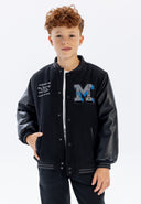 Boys black baseball jacket with faux leather sleeves and embroidered M