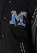 Boys black baseball jacket with faux leather sleeves and New York City M patch