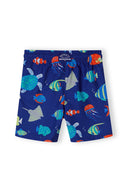 Boys board shorts in blue with underwater pattern and adjustable drawcord