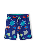 Boys board shorts in blue underwater pattern with adjustable drawcord
