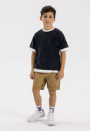 Boys chino shorts tan with turn-up hems and embroidered pattern