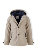 Boys coat in beige wool with button fastening, hood, navy lining, black accents