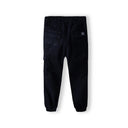 Boys navy combat pants with utility pockets, elasticated waist, and cuffed ankles.