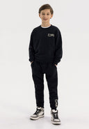 Boys crew neck sweatshirt and joggers set black 3-14y. Soft cotton blend, ribbed neckline, elastic waistband for comfort. Perfect for casual wear.