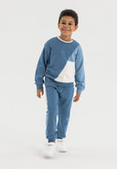 Boys crew neck sweatshirt and joggers set drawstring blue 1-8y featuring contrasting panel details in soft cotton fleece. Stylish and comfortable.