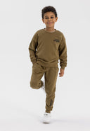 Boys crew neck sweatshirt and joggers set elasticated brown 3-14y. Comfortable and stylish brown set with elasticated cuffs and waistband.