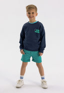 Boys crew neck sweatshirt with kangaroo pocket navy 1-8y, soft cotton, casual fit, features decorative print and ribbed cuffs.