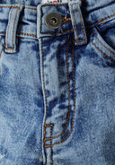 Boys denim jeans in light wash with faded distressed style and brown stitching