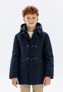 Navy boys duffle coat in wool with toggles, pockets and quilted hood