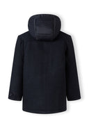 Boys duffle coat in black wool with quilted insulated hood