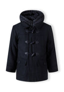 Boys duffle coat in black wool with quilted hood and toggles