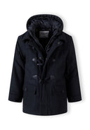 Black boys duffle coat in wool with quilted hood and toggles