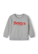 Grey boys oversized crew neck sweatshirt featuring 'Brklyn' print, ideal for ages 1-8 years. Soft, comfortable fabric. Perfect casual wear.
