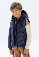 Boys padded gilet in dark navy with quilted hood and color-block sleeves