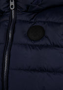Boys padded gilet in dark navy with black logo patch and silver zipper
