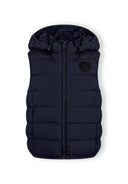 Boys padded gilet in dark navy with hood and quilted design
