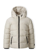 Boys padded jacket in beige quilted design with hood and black zipper accents