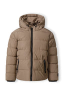 Boys padded jacket in beige quilted hooded design with black zipper and pockets