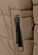 Boys padded jacket in beige, tan puffer with black zipper and textured fabric