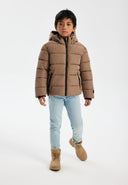 Beige boys padded jacket with tan quilted puffer design and hooded style
