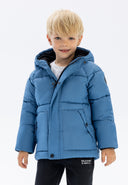 Boys padded jacket in blue quilted hooded design with black trim