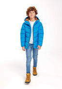 Boys padded jacket in bright blue quilted design with brown-lined hood