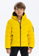 Boys padded jacket in bright yellow with hood, black accents and reflective print