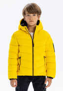 Boys padded jacket in bright yellow with hood and black accents