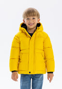 Boys padded jacket in bright yellow with hood and black trim