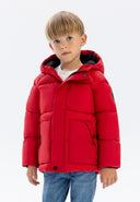 Boys red padded jacket with black lining, hood and logo patch