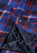 Boys padded shirt jacket in blue red black plaid flannel with quilted lining