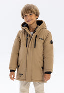Boys parka jacket beige puffer with black zipper accents and chest patch