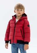 Boys quilted padded red jacket with black trim and hood