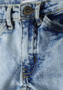Boys ripped denim jeans in light wash faded blue with yellow stitching