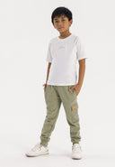 Boys short sleeve t-shirt and joggers set olive 3-8y. Short sleeve jersey t-shirt with embroidered detail and fleece joggers with side pockets.