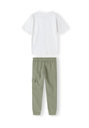 White short sleeve t-shirt paired with olive fleece joggers. Elasticated waistband with side pockets for boys aged 3-8y. Boys short sleeve t-shirt and joggers set olive 3-8y.