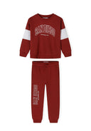 Boys sweatshirt and joggers set with contrast inserts red 3-14y featuring a round neckline and printed design. Made from lightweight cotton fleece.
