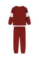 Boys sweatshirt and joggers set with contrast inserts red 3-14y. Crew neck with contrasting white inserts, made from soft cotton fleece.