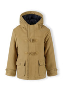 Boys tan wool duffle coat with hood and toggle fastenings