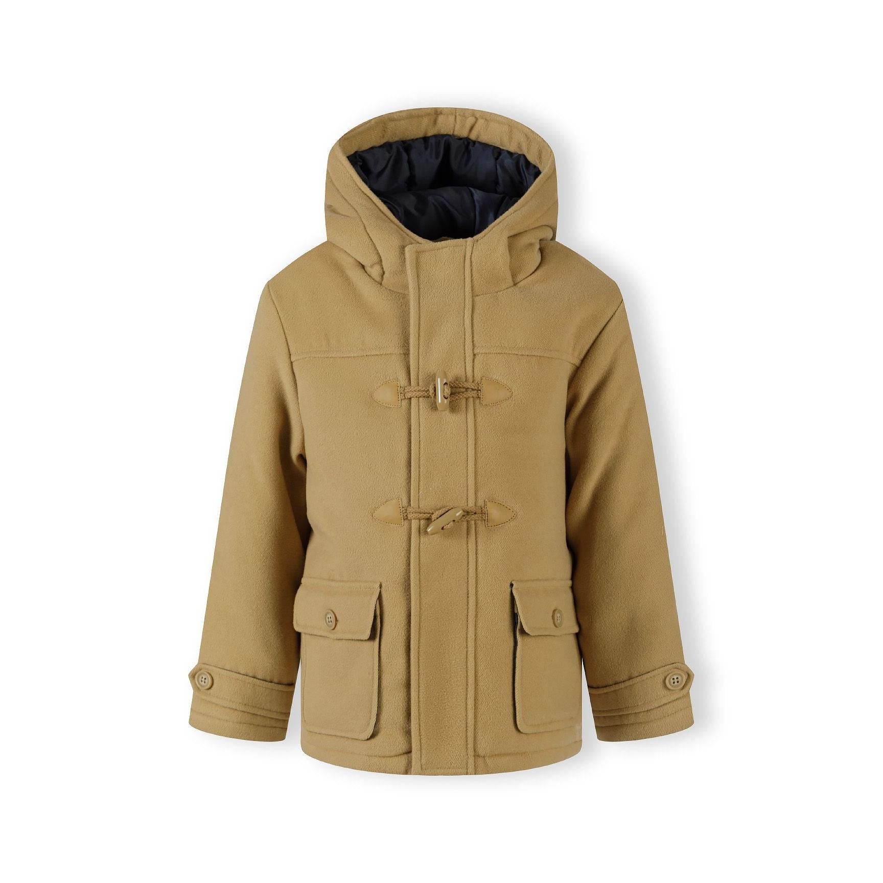 Back view of beige duffle jacket showing quilted lining detail and hood construction on white background