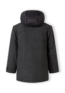 Boys tweed duffle coat in dark gray herringbone with black nylon hood