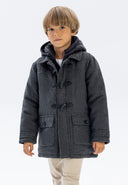Boys tweed duffle coat in dark gray with quilted nylon hood