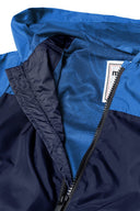 Boys windbreaker coat in blue and navy two-tone with striped sleeves