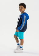 Boys windbreaker coat in blue and navy with white sleeve stripes
