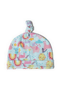 Pastel blue knit baby hat for girls 0-12m with colorful animal print
